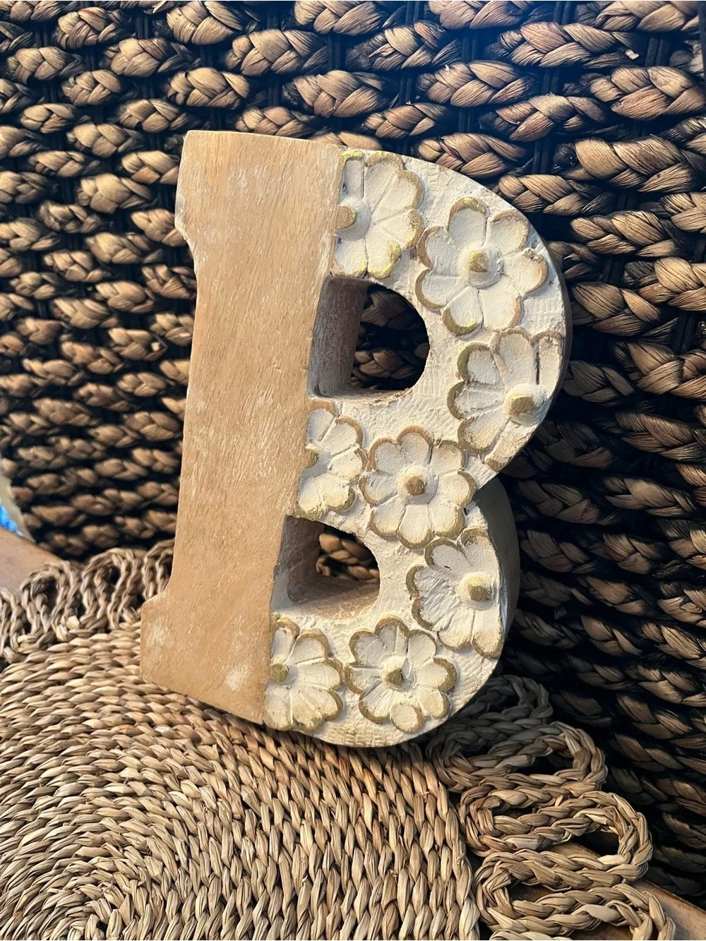 Wooden Decorative Letter B with Carved Flowers - White & Natural